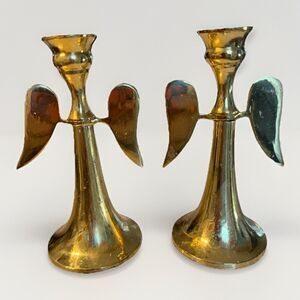 Vintage Hampton Brass Angel Wings Candle Stick Holders MCM 4.5” Set of 2